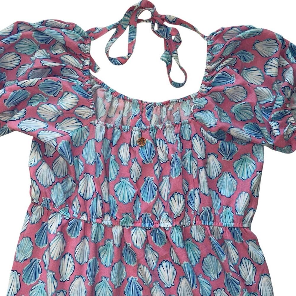Simply Southern XL Shell Print Dress Pink Blue Puff Sleeve Tie Back Coastal - Picture 4 of 6